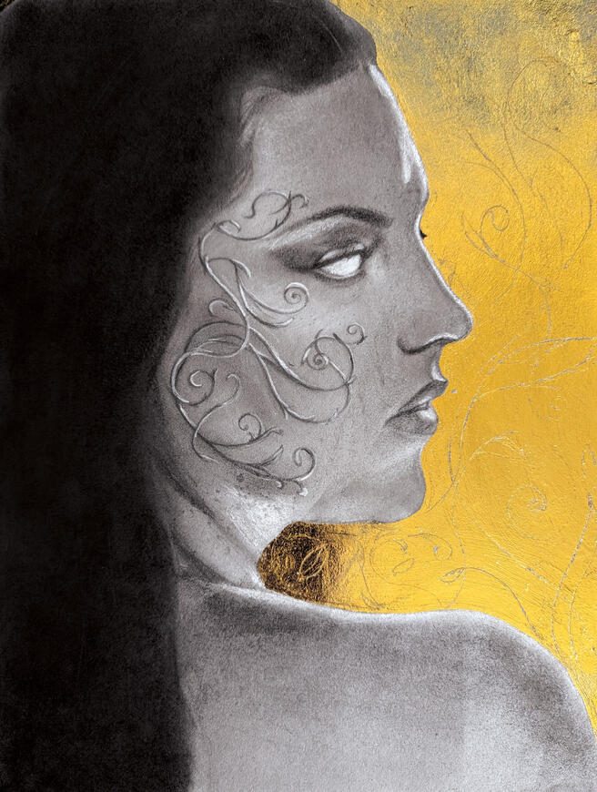 &quot;Thorns&quot;, 2024, charcoal and gold leaf on paper