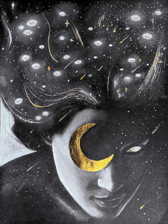"Starry", 2024, white charcoal and gold leaf on black paper