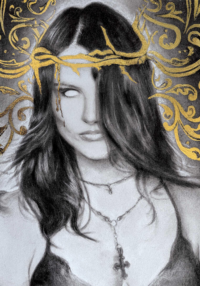 "Illumination", 2024, charcoal and gold leaf on toned paper