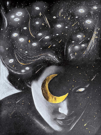 "Starry", 2024, white charcoal and gold leaf on black paper