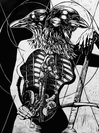 "Janus", 2025, linocut