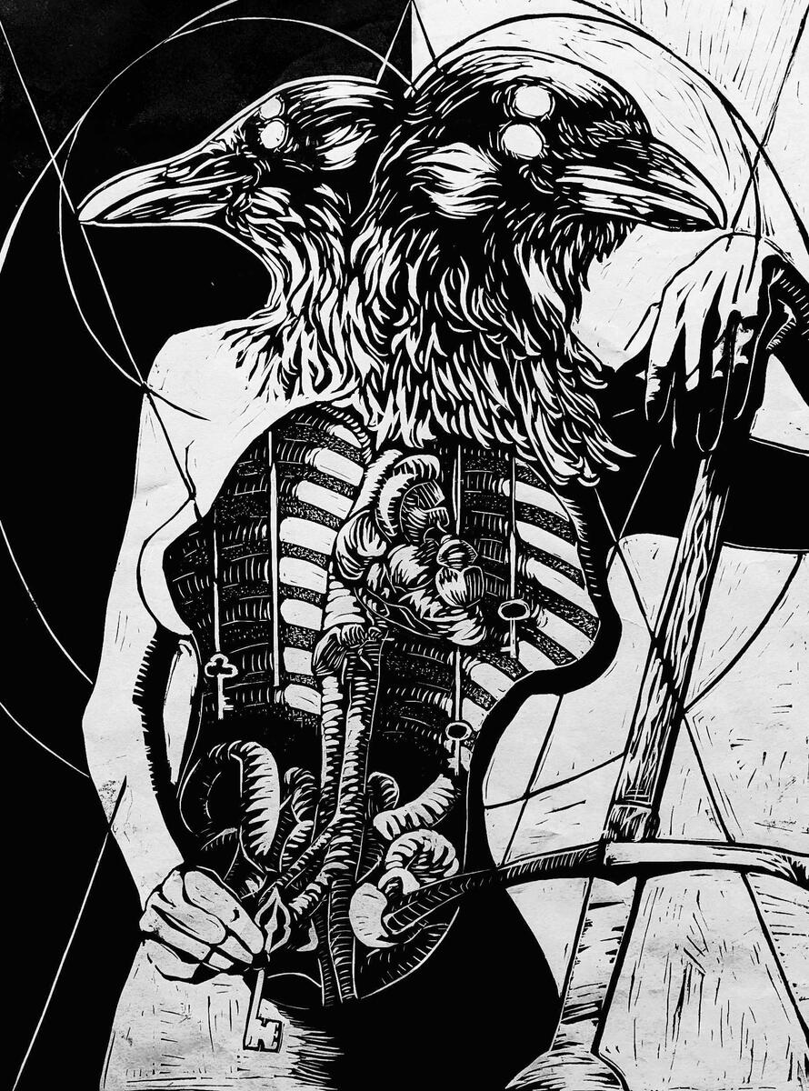 "Janus", 2025, linocut