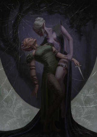 "In Her Web (Kagha & Minthara)", 2026, digital, created for "Sword Coast Sapphics" (a Baldur's Gate 3 femslash fanzine)
